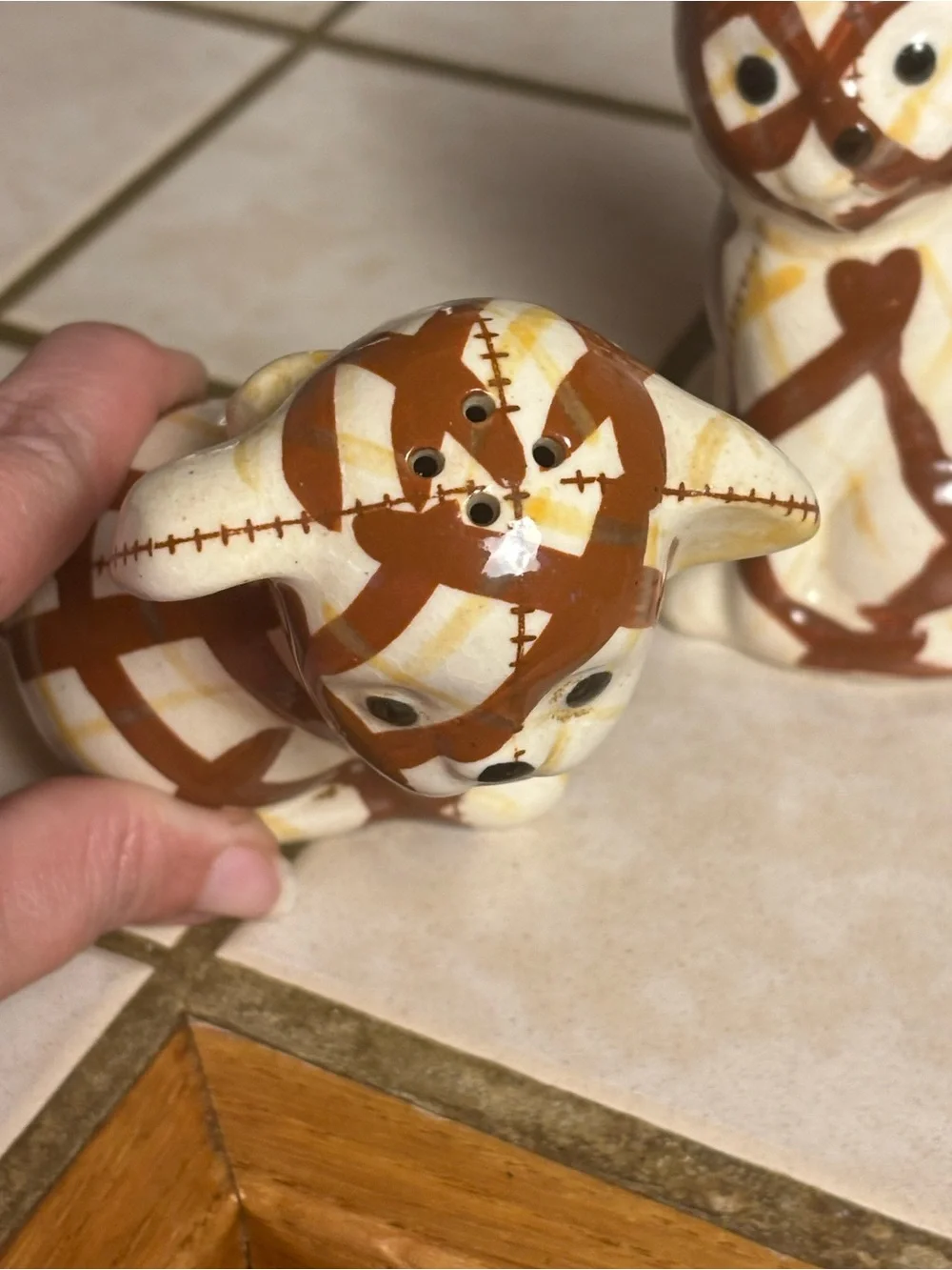 1940s Braylon Laguna pottery patchwork stripes calico salt and pepper shaker set
